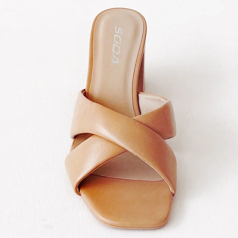 NEW Natural Tan Nude Twist Block Heel Slip Slide On Comfy Mule Sandal Shoes - Picture 8 of 12